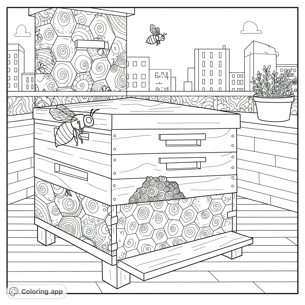 An intricate urban beehive coloring page featuring detailed bees, honeycomb patterns, and a city skyline. A free printable coloring page for all ages.
