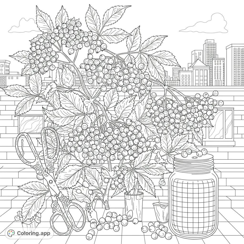 Detailed berry bush with harvest tools and cityscape background. A free printable nature coloring page for all ages.