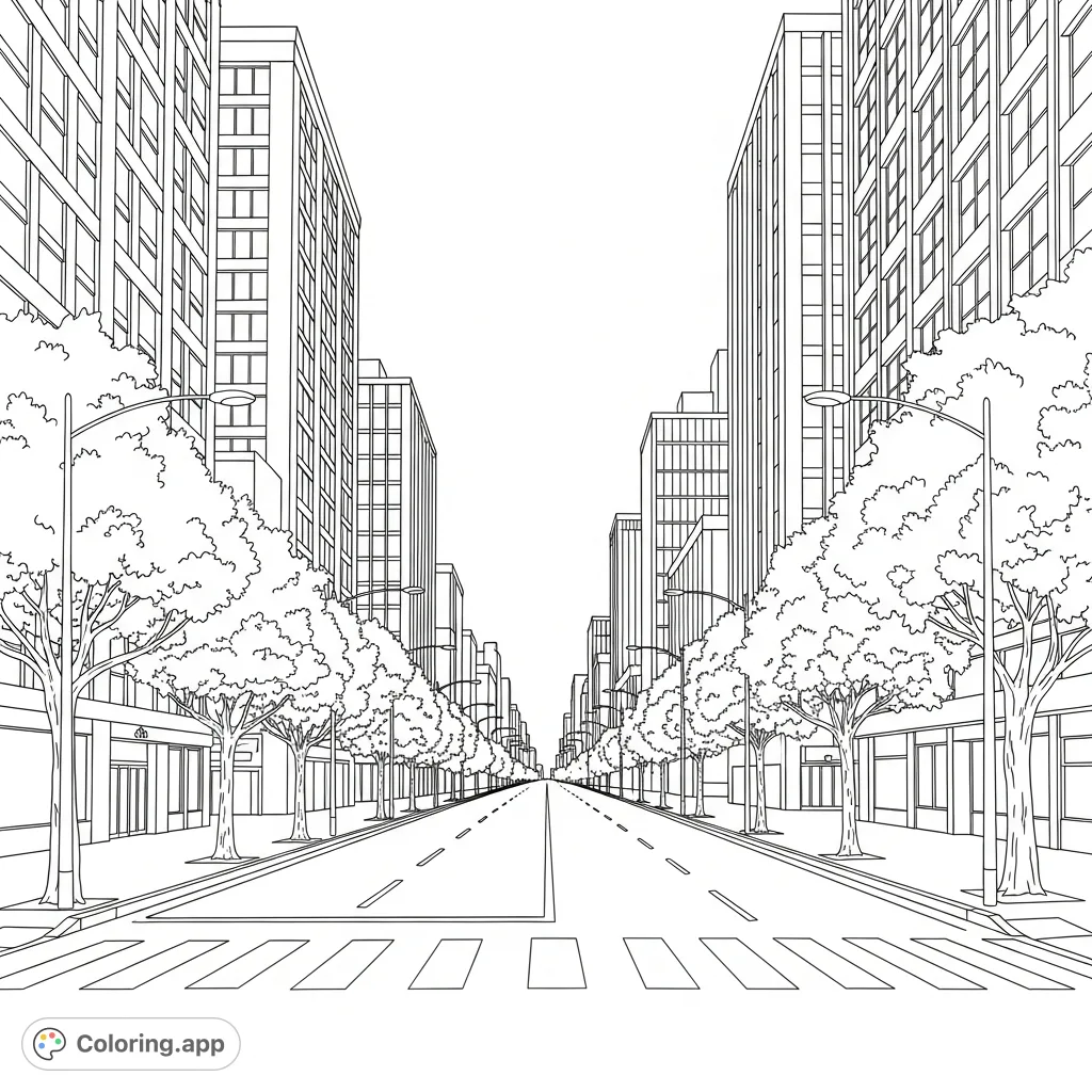 Explore a vibrant city street with a dramatic perspective, tall buildings, and lush trees. A detailed urban landscape awaiting your creative touch.