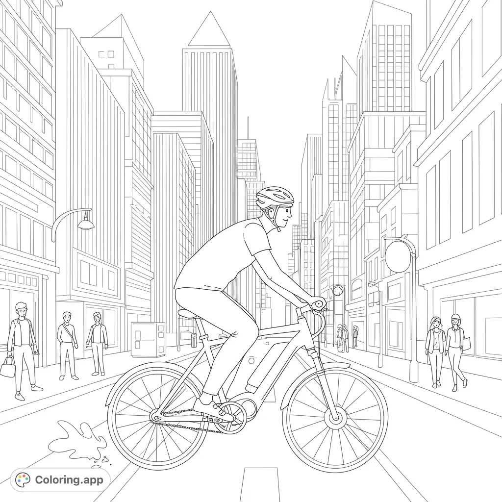 Dynamic urban cyclist on an electric bike, navigating a bustling city street with towering buildings and pedestrians. A free printable city biking coloring page.
