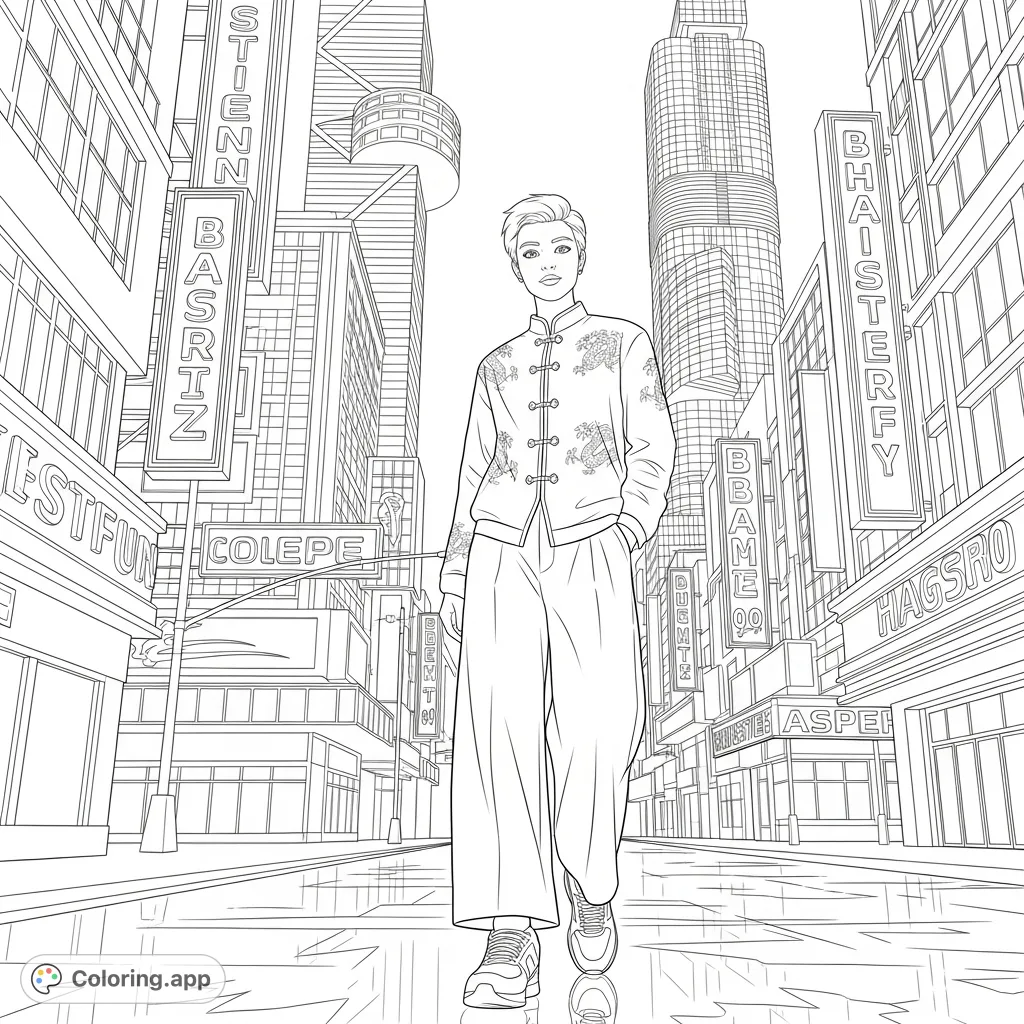 A young person in modern Chinese-inspired fashion walks a bustling city street, surrounded by neon signs and towering skyscrapers. A dynamic urban scene.