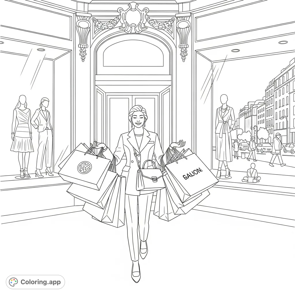 A stylish person exits a luxurious department store, arms full of designer shopping bags, with an elegant entrance and bustling street in the background. Perfect for fashion enthusiasts.