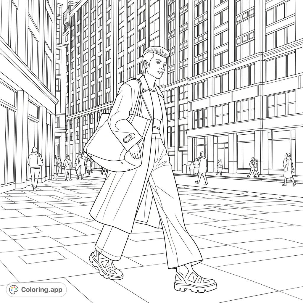 Capture the essence of urban style with a person showcasing a distinctive haircut and contemporary outfit on a bustling city sidewalk. Tall buildings and blurred pedestrians complete the scene.