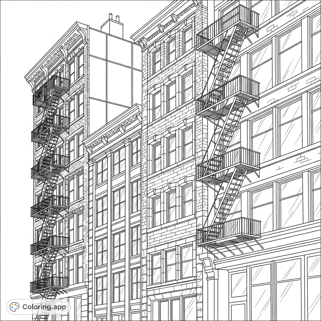 Color a classic urban street with a row of mixed brick and glass buildings. Intricate zig-zagging fire escapes ascend the facades, offering a detailed city scene.