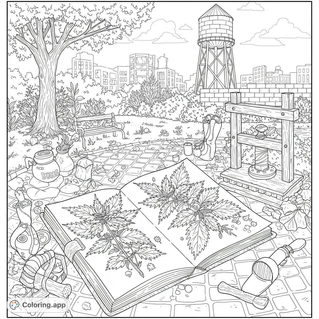 Explore an urban garden scene featuring an open botanical book with detailed cannabis plant illustrations, perfect for adult coloring and relaxation.