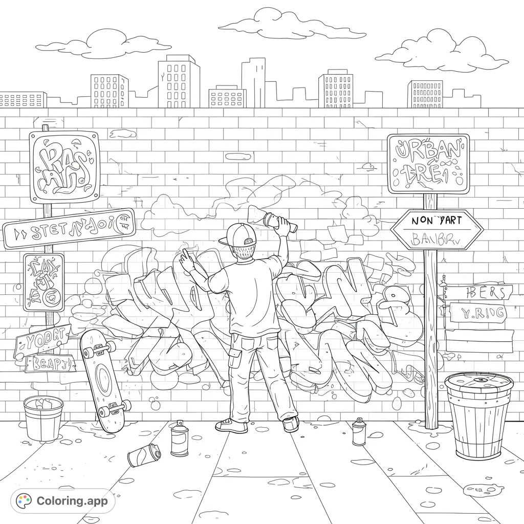 Dynamic urban graffiti coloring page featuring an artist spray-painting a vibrant mural on a brick wall, with a city skyline backdrop.