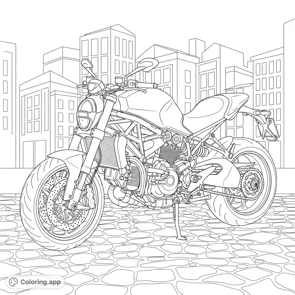 Color a powerful, Ducati-inspired sport-naked motorcycle on a detailed cobblestone street, set against a backdrop of simplified city buildings.