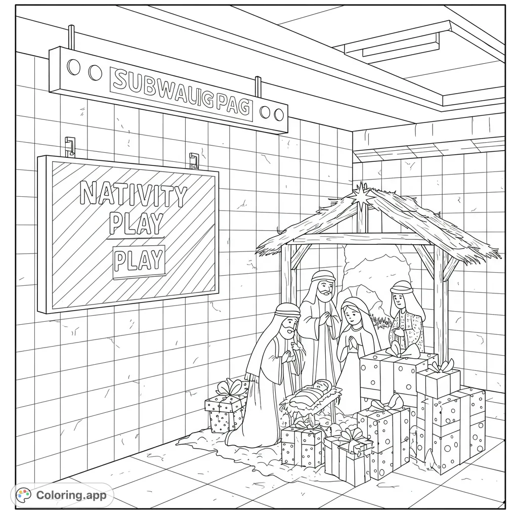 A unique Nativity scene set in a subway station, featuring Mary, Joseph, and baby Jesus surrounded by gifts. A free printable urban Nativity coloring page for kids and adults.