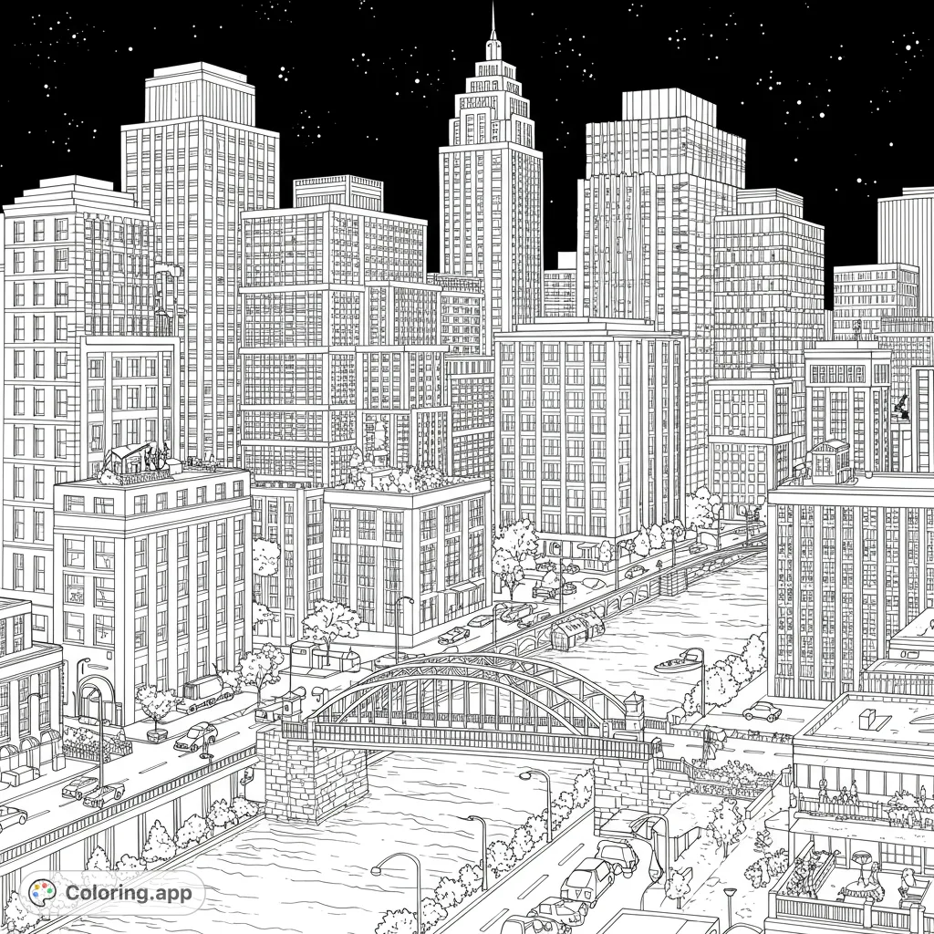Explore a detailed urban cityscape with towering buildings, a river, and an arched bridge under a starry night sky. Perfect for intricate coloring.