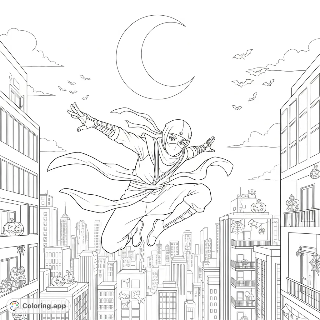 Dynamic ninja leaps across city rooftops under a crescent moon, with twinkling city lights and subtle Halloween decorations below. A flock of bats flies past.