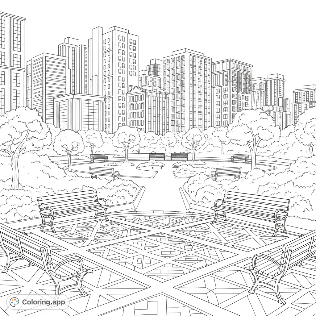 Explore a tranquil urban park with detailed geometric paving, inviting benches, and a backdrop of towering city buildings. A perfect escape.