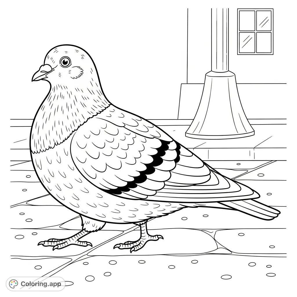 A detailed coloring page featuring a plump pigeon confidently walking on a textured city sidewalk, with subtle urban elements in the background.