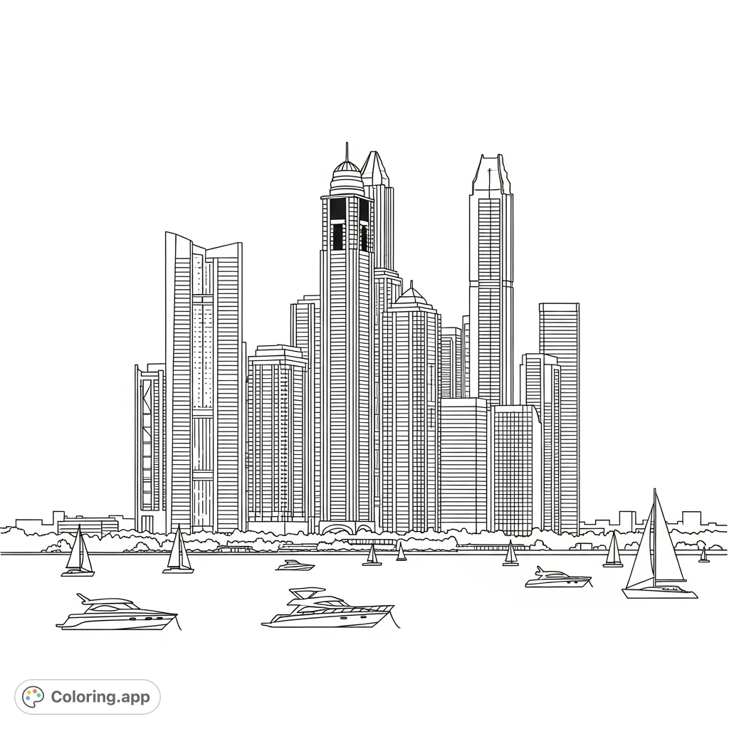 A grand cityscape featuring towering structures behind a serene bay with small boats. Perfect for exploring urban landscapes and tranquil waterscapes.