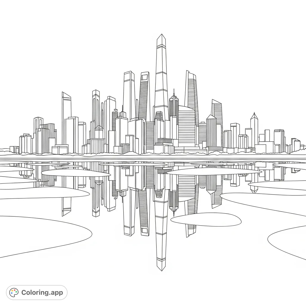 Color a striking cityscape silhouette with towering buildings reflecting in a calm river. Focus on gradients for sky and water to bring this urban scene to life.