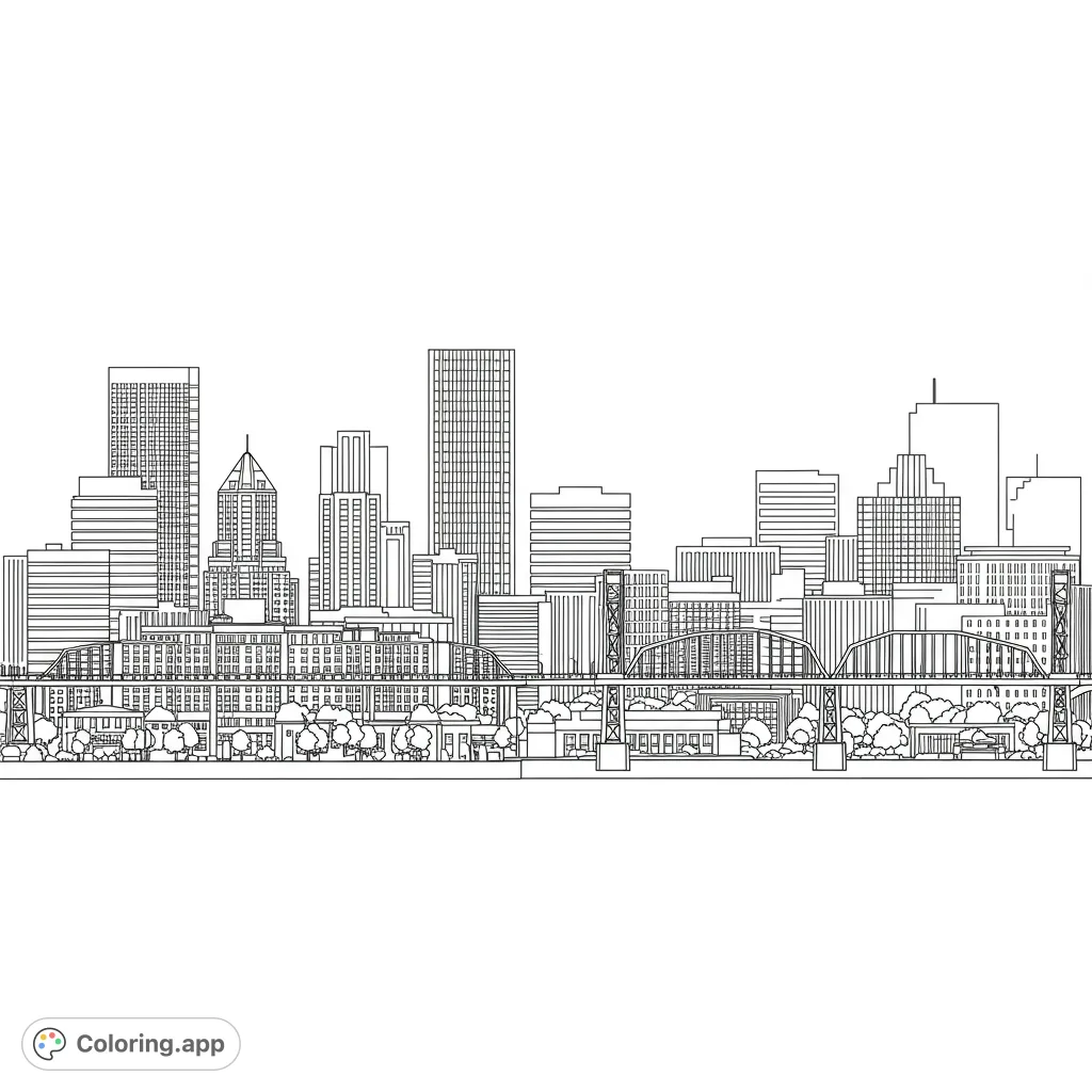 Explore a detailed urban cityscape coloring page featuring towering skyscrapers, an intricate bridge, and lush riverbank foliage. A free printable cityscape for all ages.