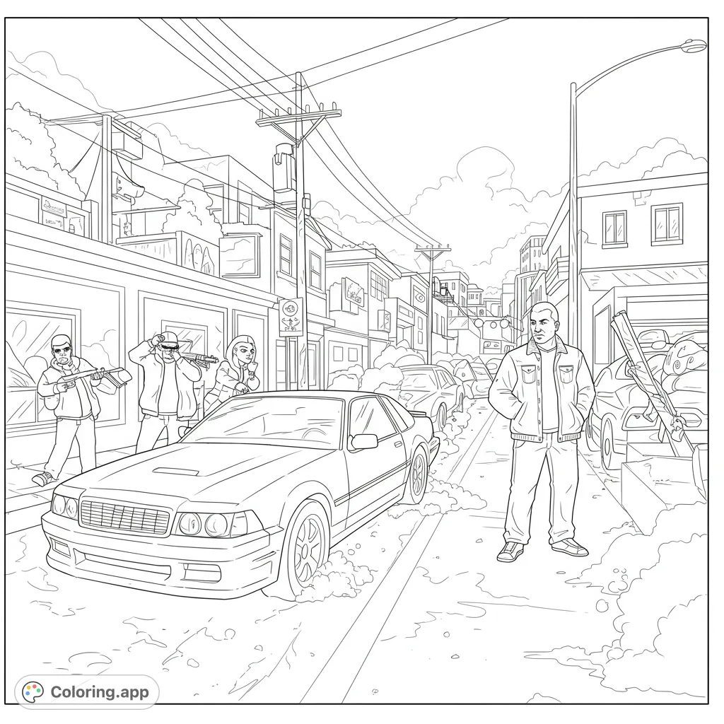 Dynamic urban street scene coloring page featuring a sleek car, armed figures, and a lone observer amidst detailed city buildings and power lines.