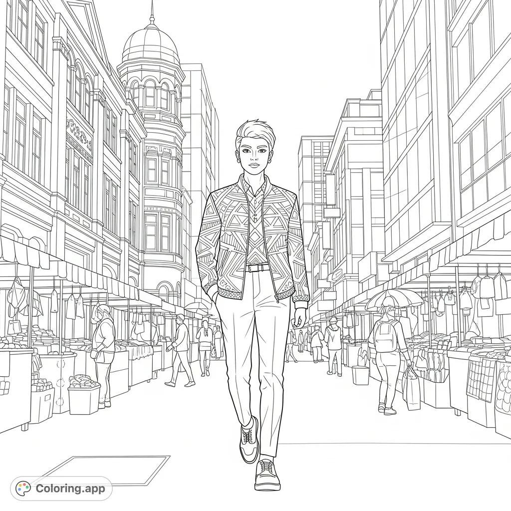 A dynamic city street scene featuring a stylish young person, ornate colonial and modern glass buildings, bustling vendors, and passersby. Explore urban life.