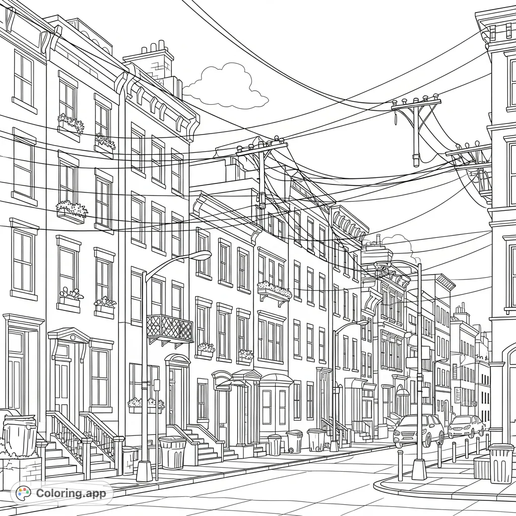 An intricate city street scene featuring tall, tightly stacked homes, narrow sidewalks, and a detailed network of overhead utility lines.