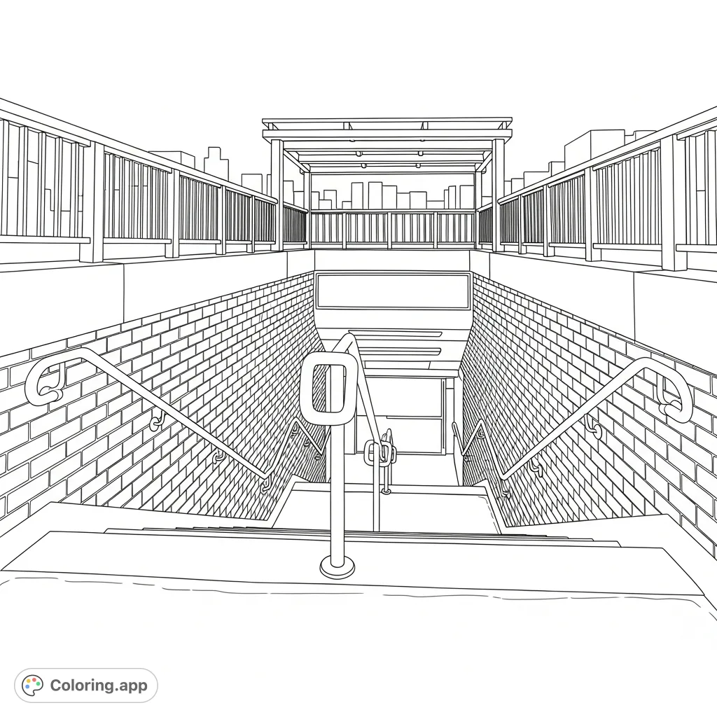 An intricate coloring page depicting a classic subway entrance with descending steps, curved metal railings, sturdy brick walls, and a subtle city backdrop.