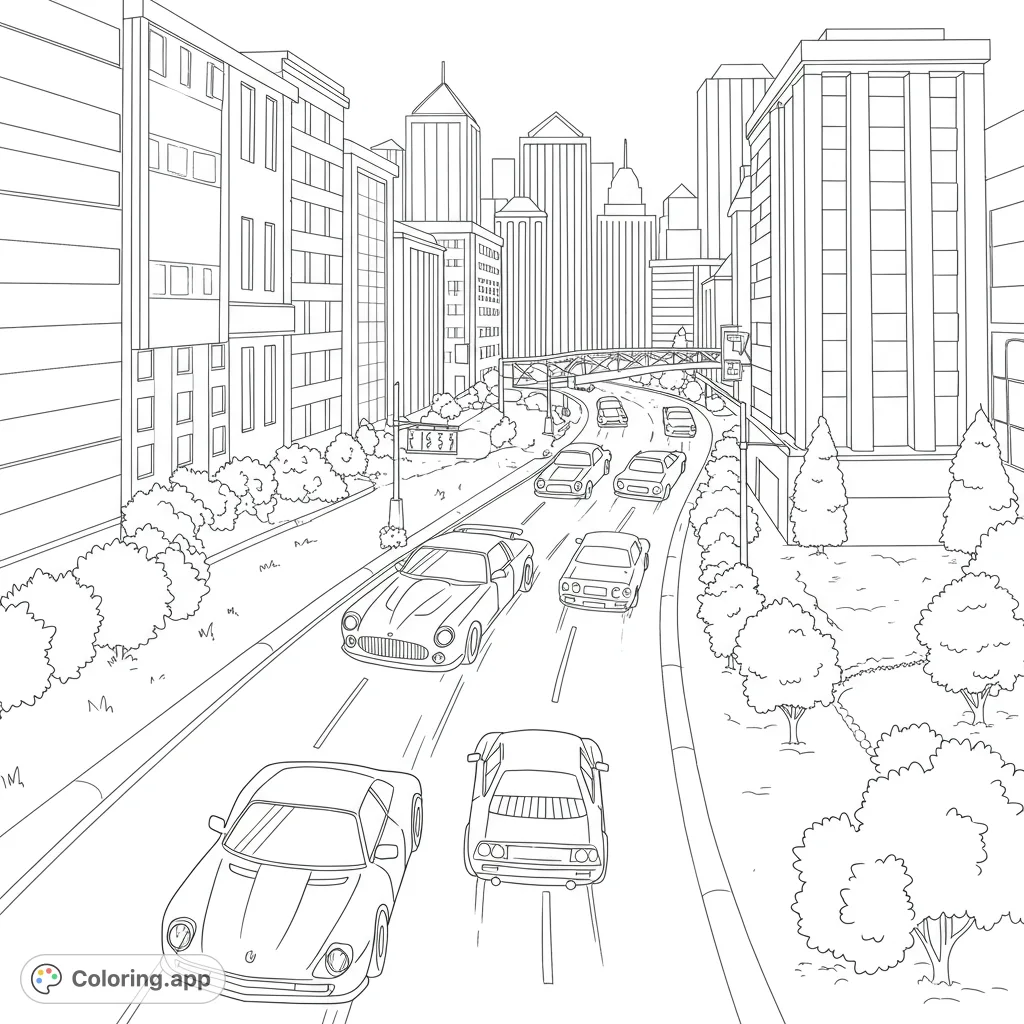 Dynamic city street coloring page featuring classic cars, towering skyscrapers, and lush urban greenery. Perfect for car enthusiasts and city explorers.