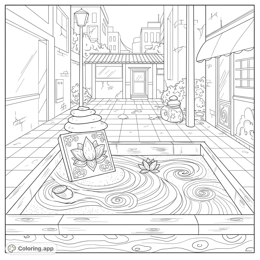 A tranquil zen garden with raked sand patterns and lotus flowers, nestled within a detailed urban alleyway scene, perfect for mindful coloring.
