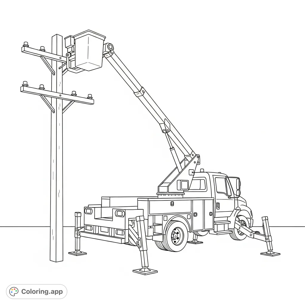 A detailed coloring page featuring a utility bucket truck with its boom extended and stabilizers down near a simplified utility pole, ready for action.