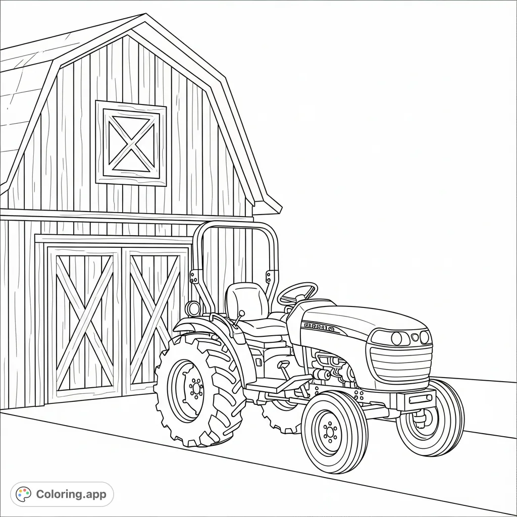 A charming coloring page featuring a small utility tractor parked beside a rustic barn with simplified doors and beams, offering a delightful farm scene.