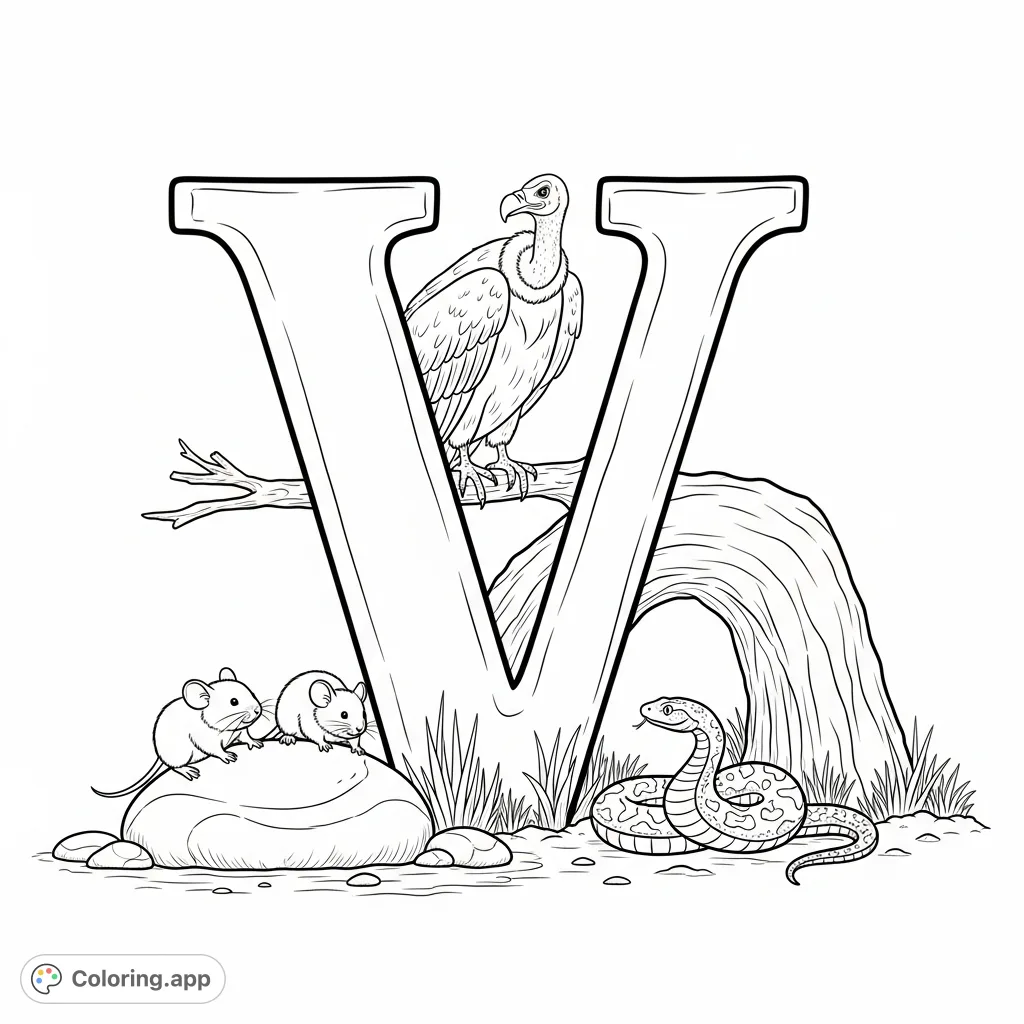 Explore a unique letter V coloring page featuring a robust V as an archway, with voles, a watchful vulture, and a coiled viper amidst sparse vegetation.