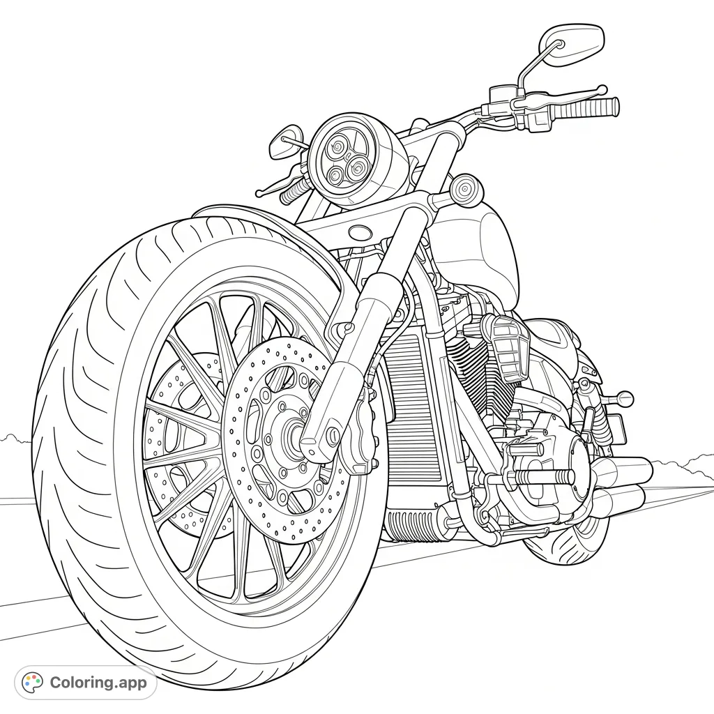 Color a powerful V-twin cruiser from a low front angle, highlighting its detailed wheel, fork, and engine. Perfect for motorcycle enthusiasts.