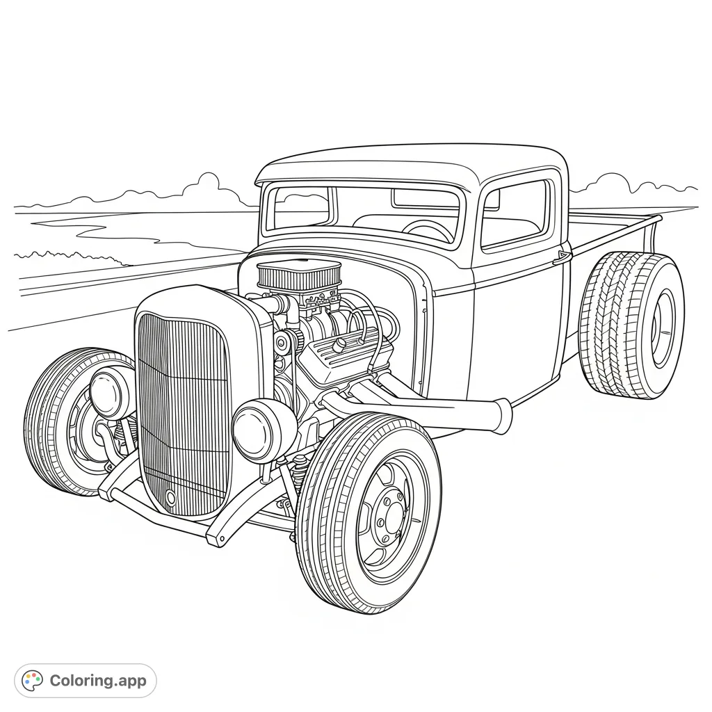 Detailed hot rod pickup truck with a lowered body and an exposed, powerful V8 engine. Perfect for enthusiasts of classic custom vehicles and automotive art.