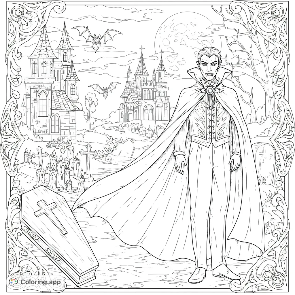 Enter a spooky gothic world with a classic vampire, haunted castles, and a moonlit graveyard. Perfect for a thrilling Halloween coloring page.