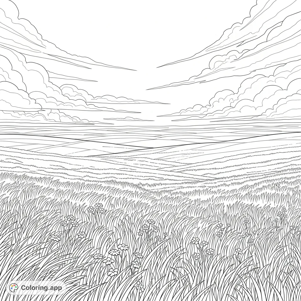 Immerse yourself in a serene prairie scene featuring rolling hills, tall grasses, and a breathtaking open sky with sweeping cloud formations. A peaceful natural escape.