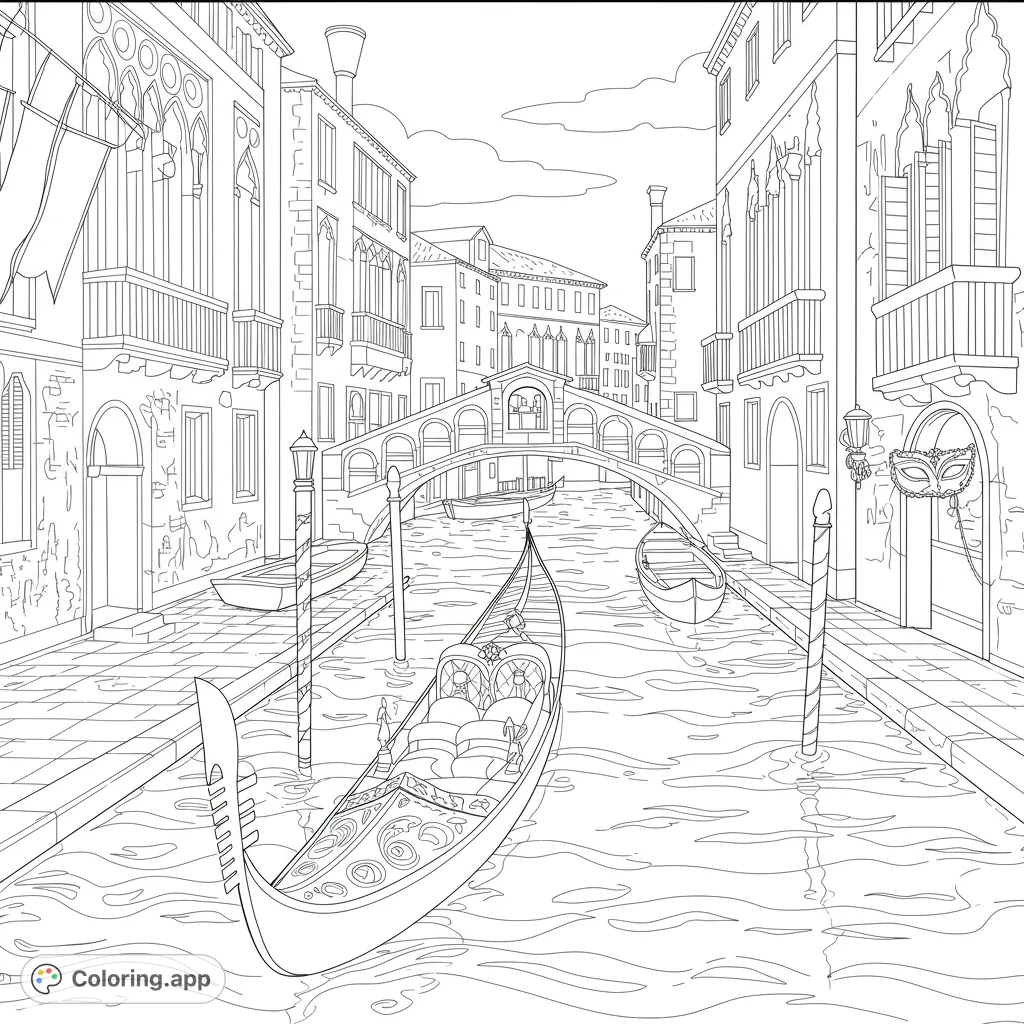 Explore a beautiful Venetian canal scene with a classic gondola, ornate bridge, and historic buildings. A free printable Venice coloring page for all ages.