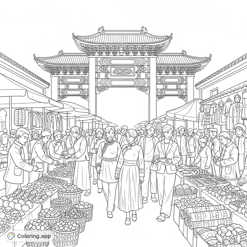 Immerse yourself in a lively Chinese street market, bustling with people, diverse fashion, fresh produce, and intricate textiles under a traditional archway.