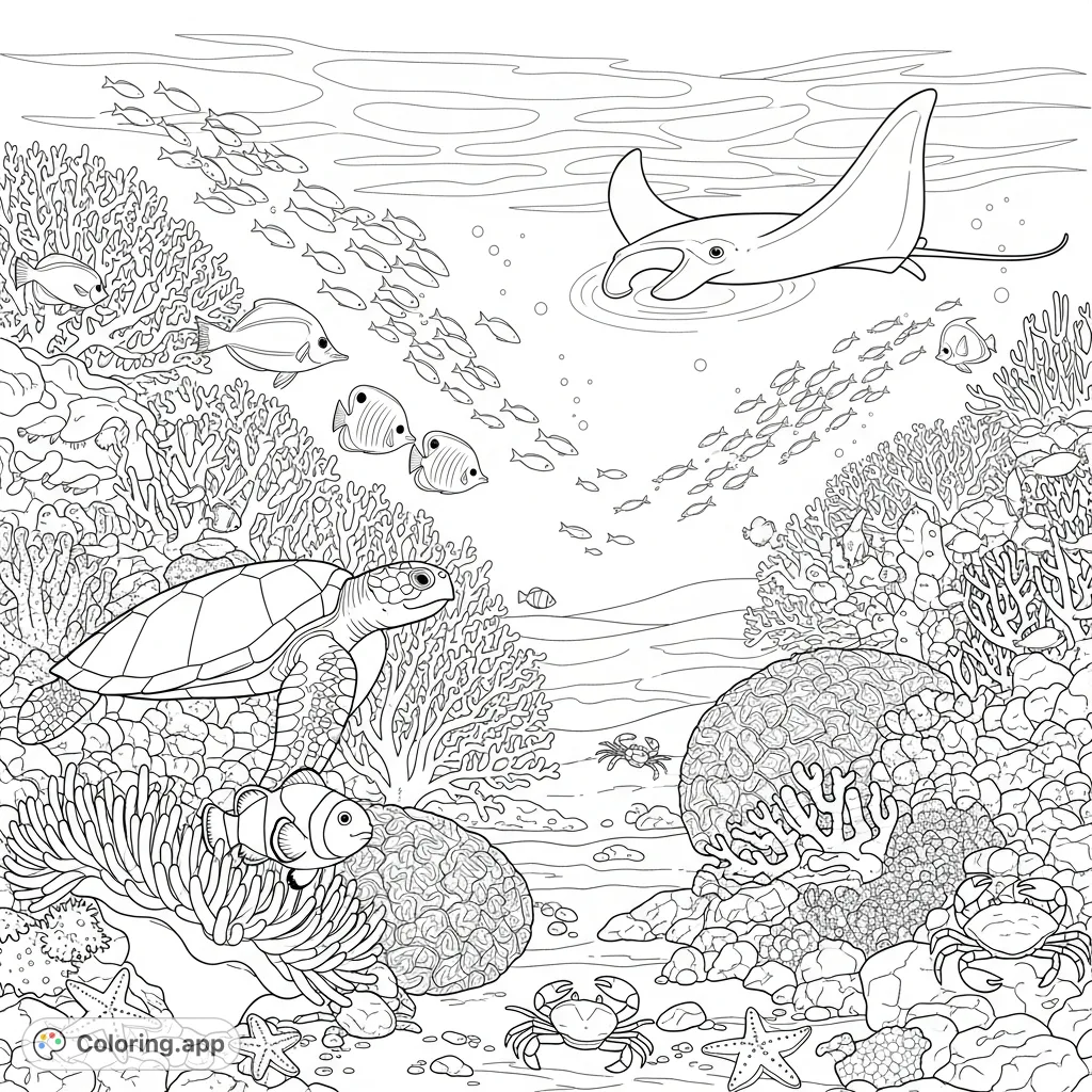Explore a detailed undersea coral reef coloring page featuring intricate coral formations, schools of fish, a graceful sea turtle, and a curious clownfish.