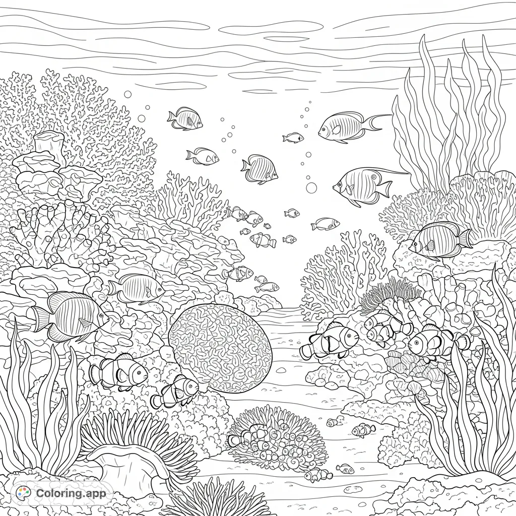 Dive into an intricate coral reef scene, teeming with diverse fish, detailed coral formations, and swaying sea plants. A captivating underwater adventure awaits!