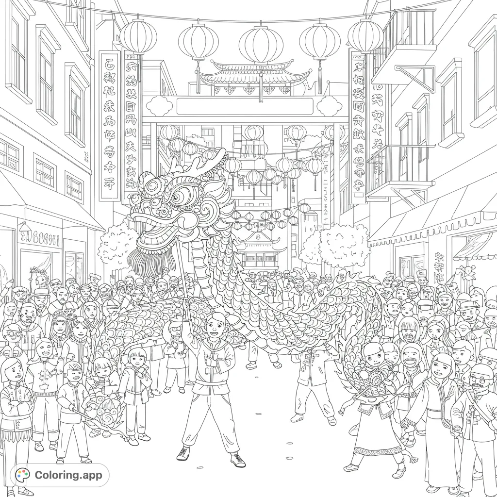 Immerse yourself in a festive dragon dance parade with an intricate dragon, joyful crowds, and traditional lanterns in a vibrant street scene.