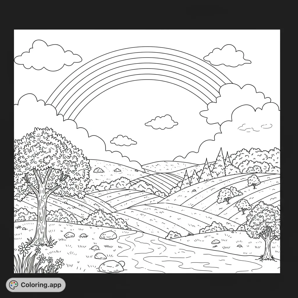 A beautiful landscape with a prominent rainbow arching over rolling hills, a winding river, and lush trees. Perfect for a serene coloring experience.