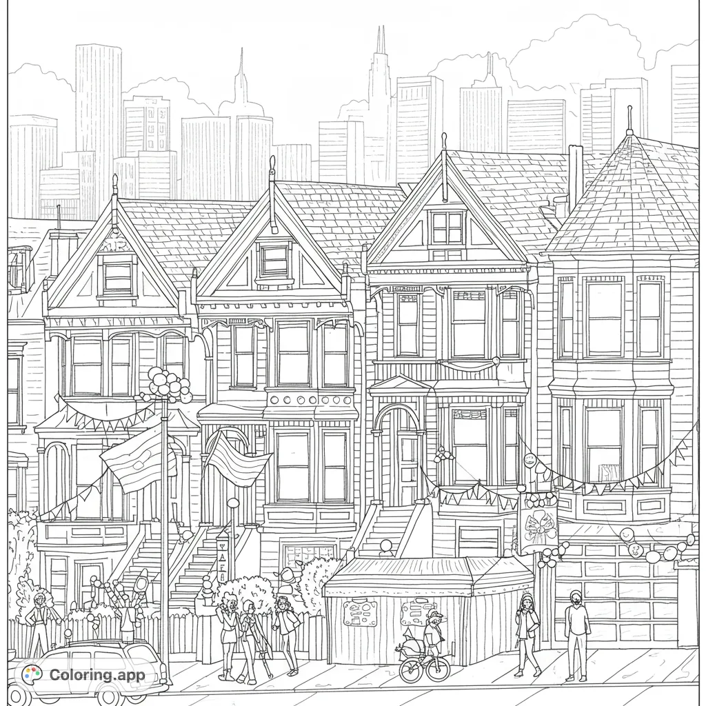 A vibrant city street with detailed Victorian houses, bustling people, and a distant skyline, perfect for a lively urban coloring adventure.