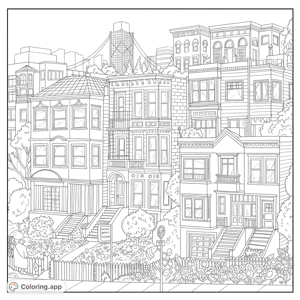 Explore a charming Victorian cityscape coloring page featuring ornate houses, lush gardens, and a distant bridge. A free printable coloring page for all ages.