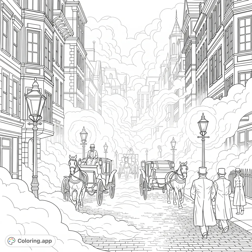 Immerse yourself in a mysterious Victorian London street scene with dense fog, horse-drawn carriages, and shadowy figures. A captivating historical coloring page.