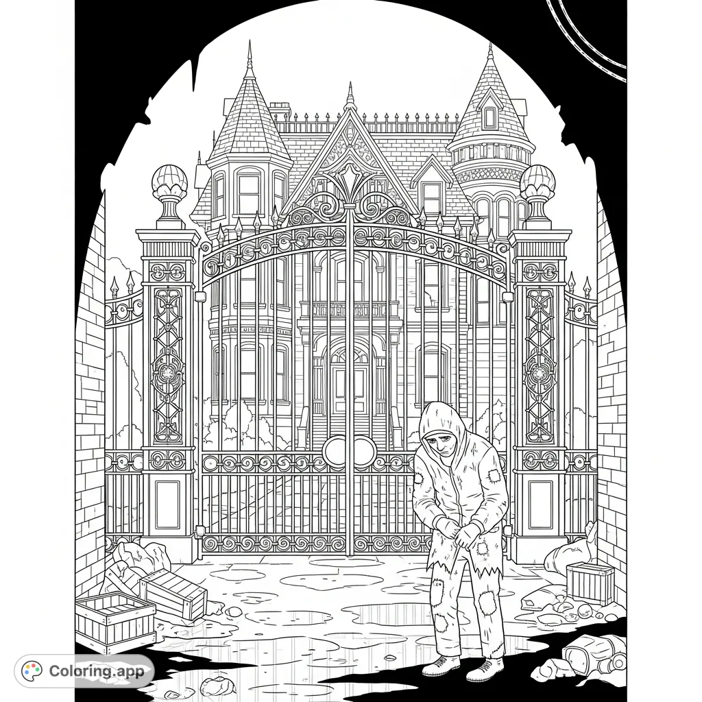 An opulent Victorian mansion seen through an ornate iron gate from a grim, refuse-strewn alley, where a hunched figure observes. A study in contrast.