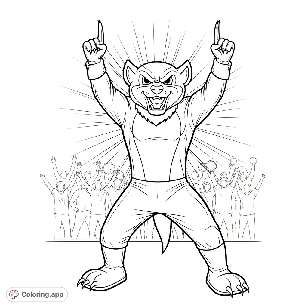 Capture the dynamic energy of a wolverine mascot in a V-for-Victors pose, with shaggy fur, sharp claws, and a cheering crowd in the background.