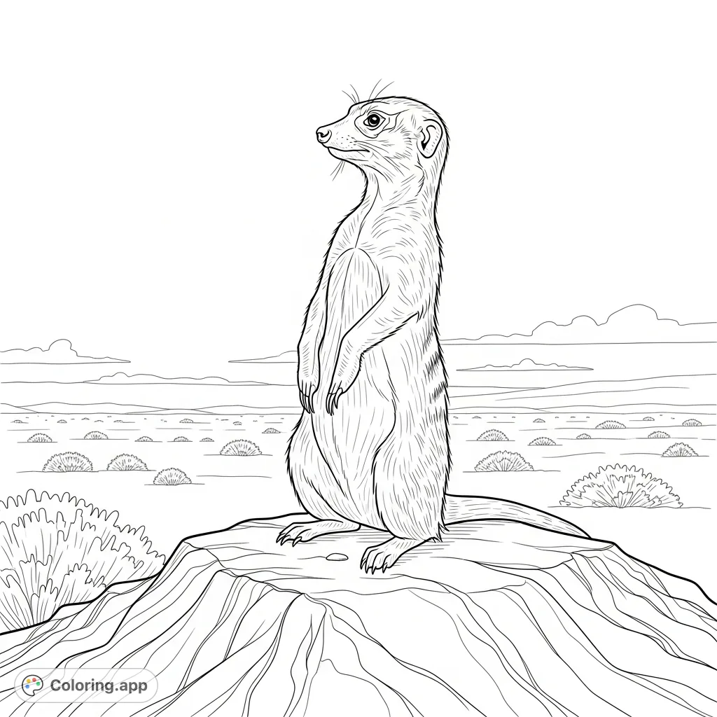 A vigilant meerkat stands tall on a rocky perch, scanning the horizon. This detailed coloring page captures its watchful pose and desert habitat.