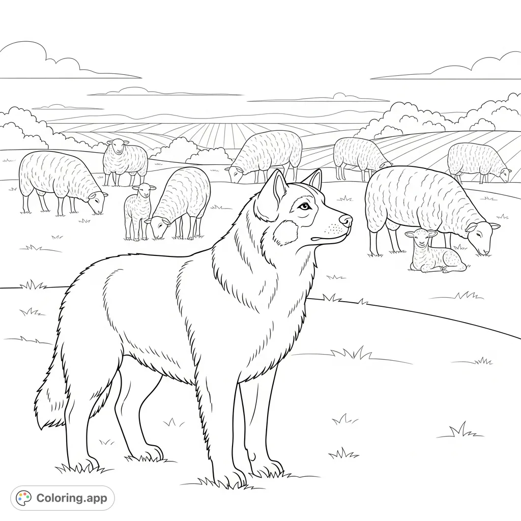 A detailed coloring page featuring a watchful sheepdog guarding its flock of sheep on rolling hills. Perfect for nature and animal lovers.