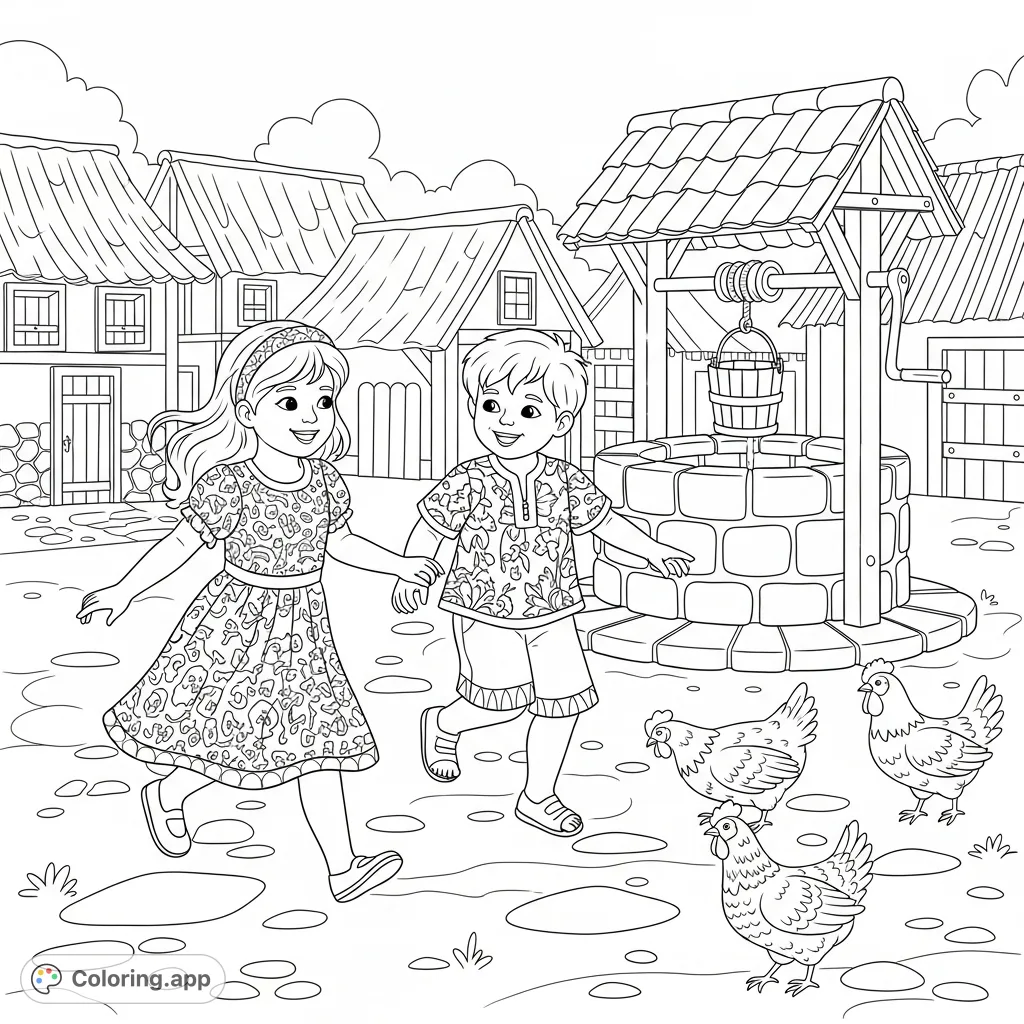 A delightful village square scene featuring two children playfully chasing each other, surrounded by pecking chickens and a rustic water well. Perfect for kids!