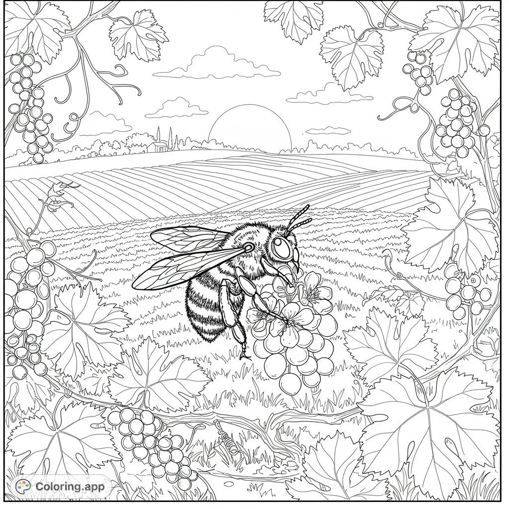 A detailed bee interacts with grapes in a lush vineyard, framed by grapevines. Perfect for nature and farm-themed coloring.