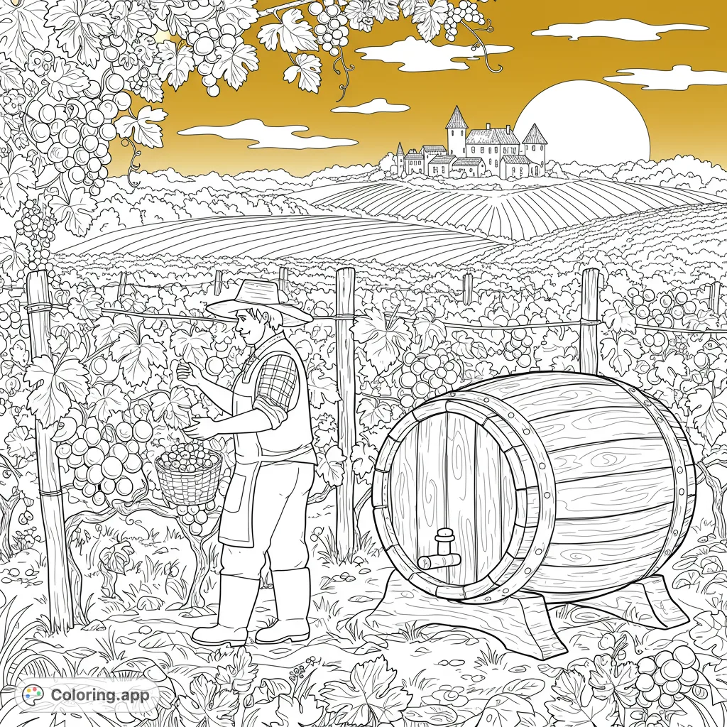 A detailed vineyard harvest scene featuring a farmer picking grapes, a wine barrel, rolling hills, and a distant chateau under a large sun.