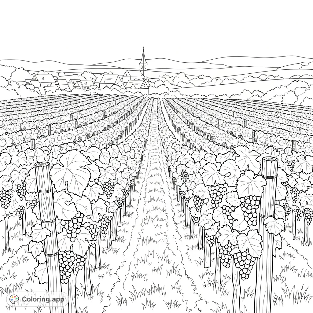 A serene vineyard scene featuring orderly rows of grapevines, individual grape bunches, and a winding path leading to a charming village on the horizon.