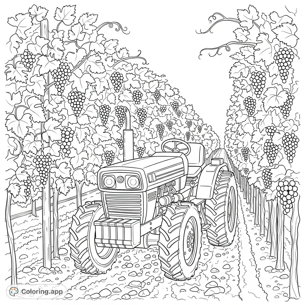 Detailed coloring page featuring a narrow vineyard tractor navigating between lush, tall rows of grapevines, abundant with leaves and fruit, stretching into the distance.